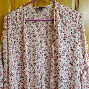 American Eagle Outfitters Beige w/ Pink Flowers Robe Coverup Kimono L/XL